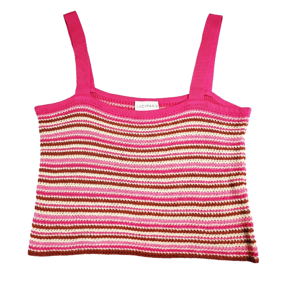 Lucy Paris Womens Medium Top Crochet Sweater Knit Cropped Pink Striped‎ Tank